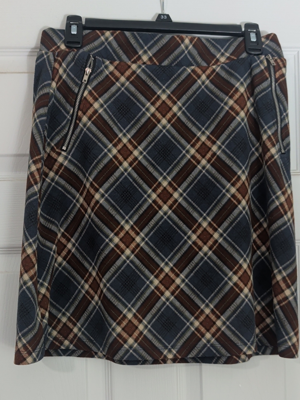Le Lis Plaid A-Line Skirt in Navy, Brown, and Cream